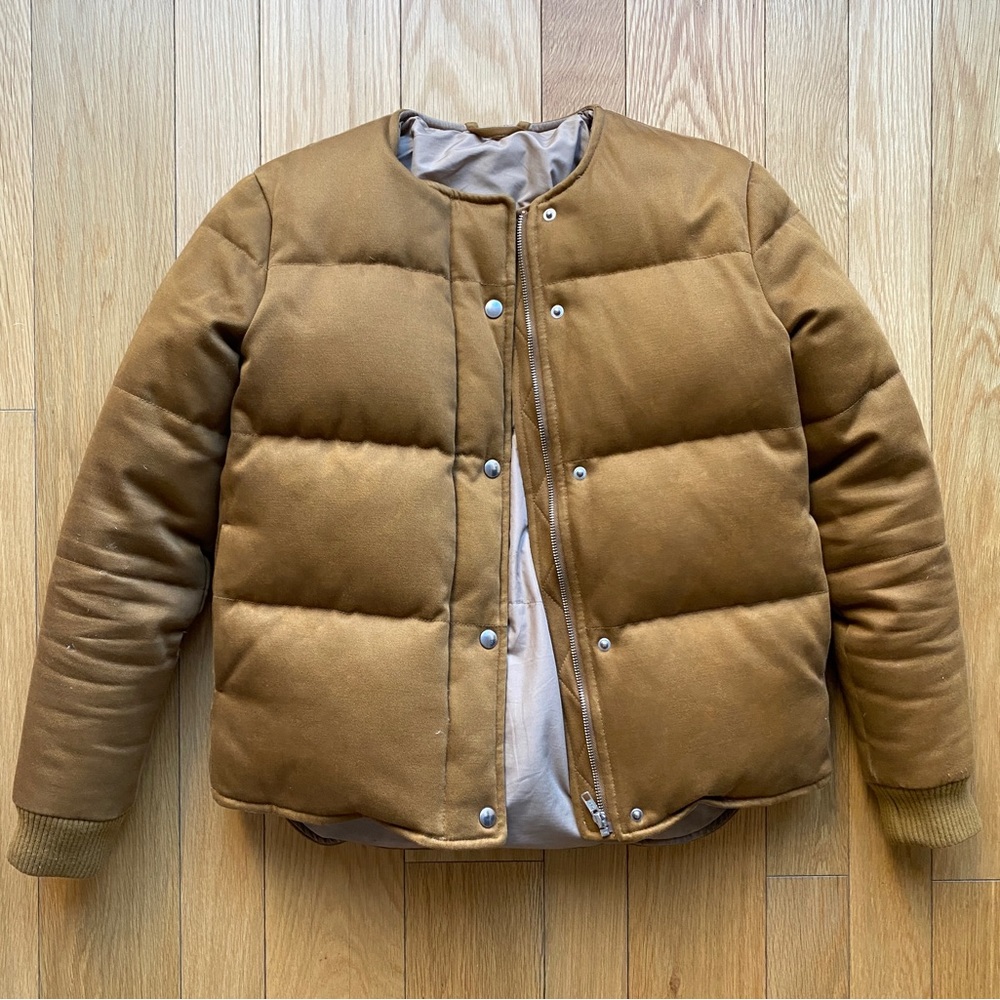 Acne Studios tan puffer jacket, collarless, size 34. Worn with love, super warm.